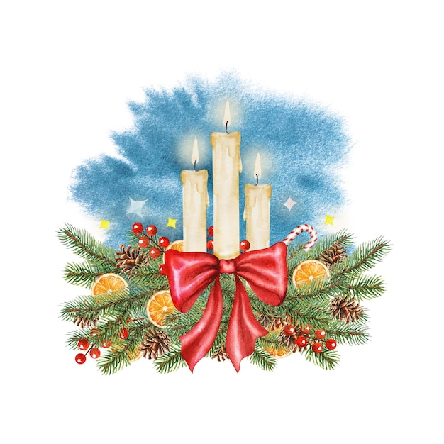 Photo watercolor illustration christmas composition with candles and christmas tree