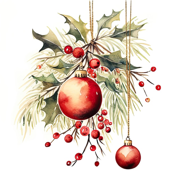 Watercolor illustration christmas decor with red balls