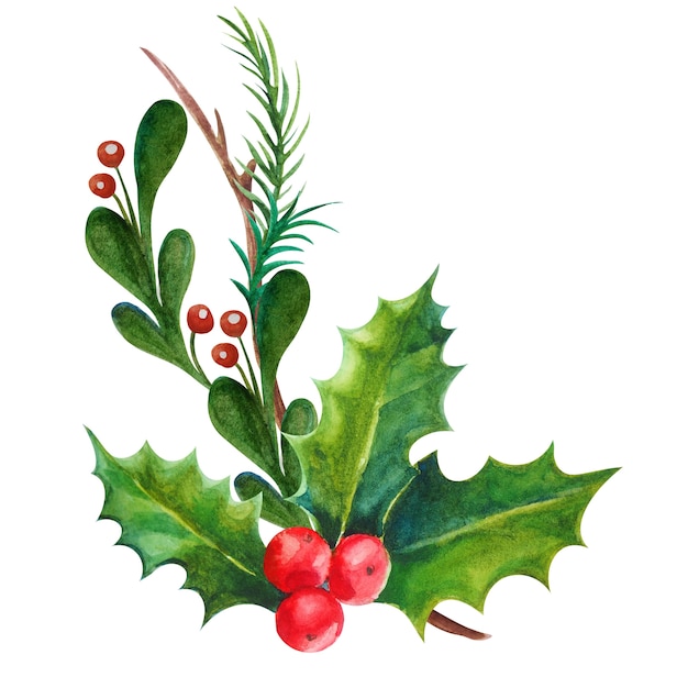 Photo watercolor illustration christmas decoration holly leaves and berries