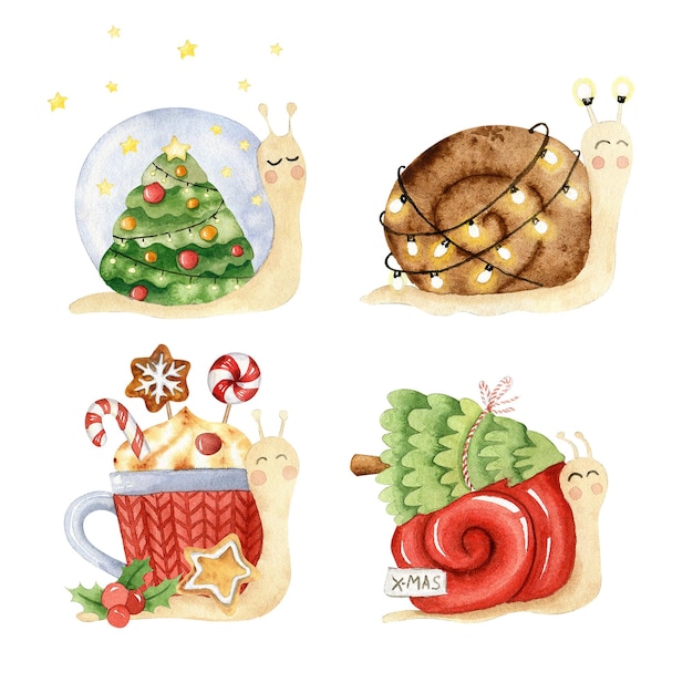 クリスマス プレゼントとかわいいカタツムリの水彩イラスト