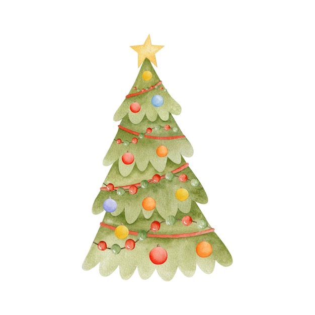 Watercolor illustration Christmas tree isolated on white background