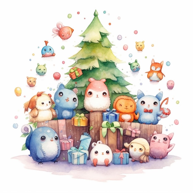 A watercolor illustration of a christmas tree with a cute animal and a cat.