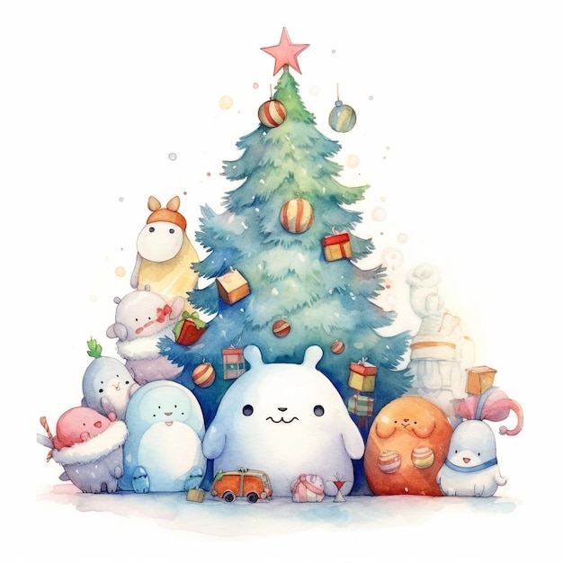 A watercolor illustration of a christmas tree with a cute animal in the middle.