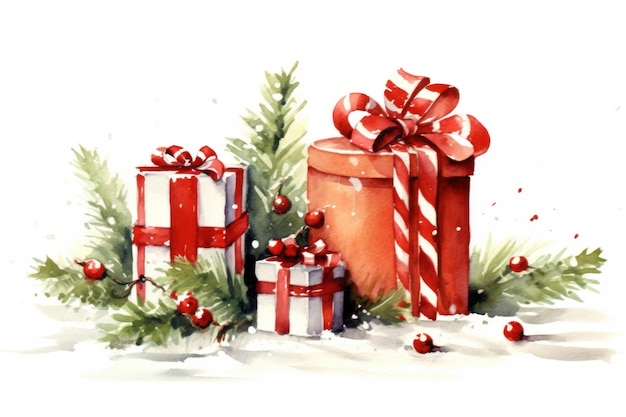 선물과 선물 상자를 가진 크리스마스 트리의 수채화 일러스트레이션.