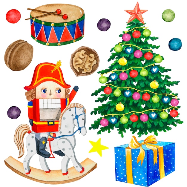 Watercolor illustration of a Christmas tree with toys and a nutcracker with a drum