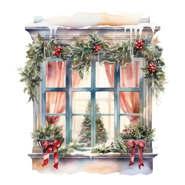 Watercolor illustration of a Christmas window in holiday decoration on a white background