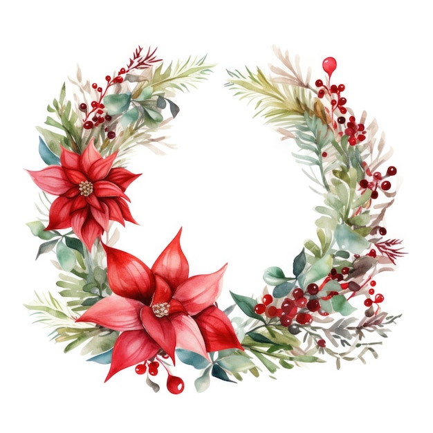 Watercolor illustration of a Christmas wreath with poinsettia flower on a white background