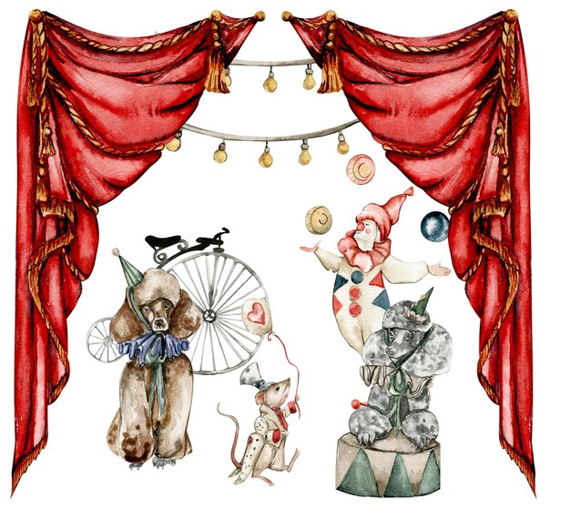 A watercolor illustration of a circus performance with a mouse and a mouse.