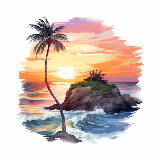 Watercolor Illustration Of Cliff With Palm Tree And Sunset