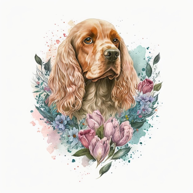 watercolor illustration cocker spaniel with hearts and flowers