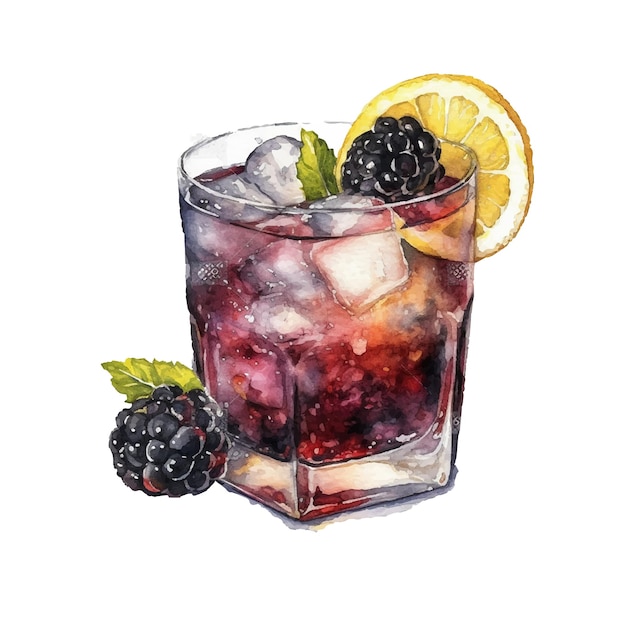 A watercolor illustration of a cocktail with blackberries and lemons.