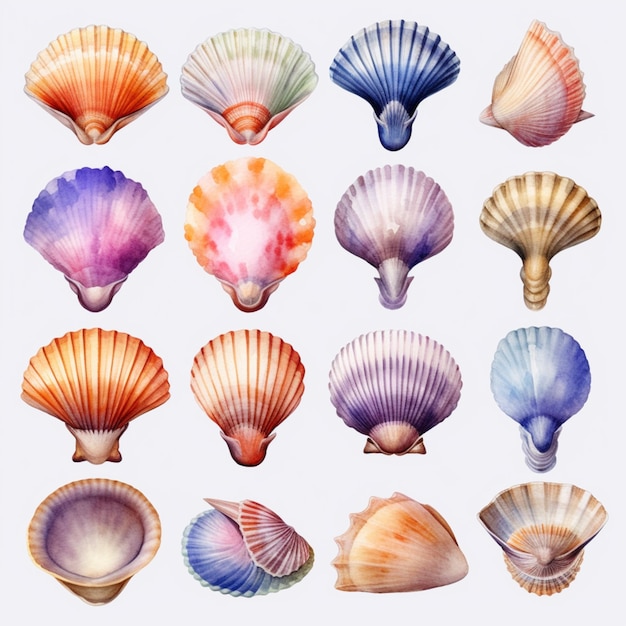 貝殻のコレクションの水彩イラスト。