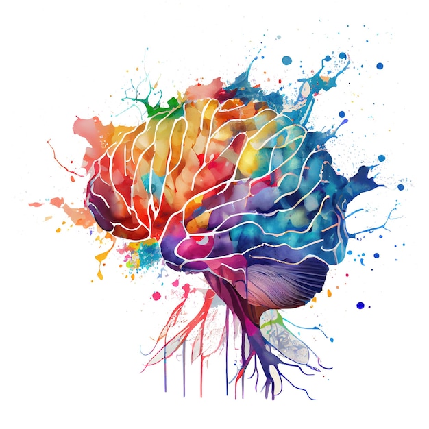 写真 明るいスポットの背景に脳の 2 つの半球を着色した水彩イラスト
