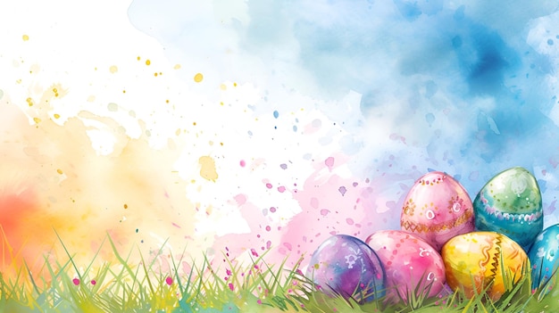 In a watercolor illustration colored Easter eggs are nestled in the lush green grass