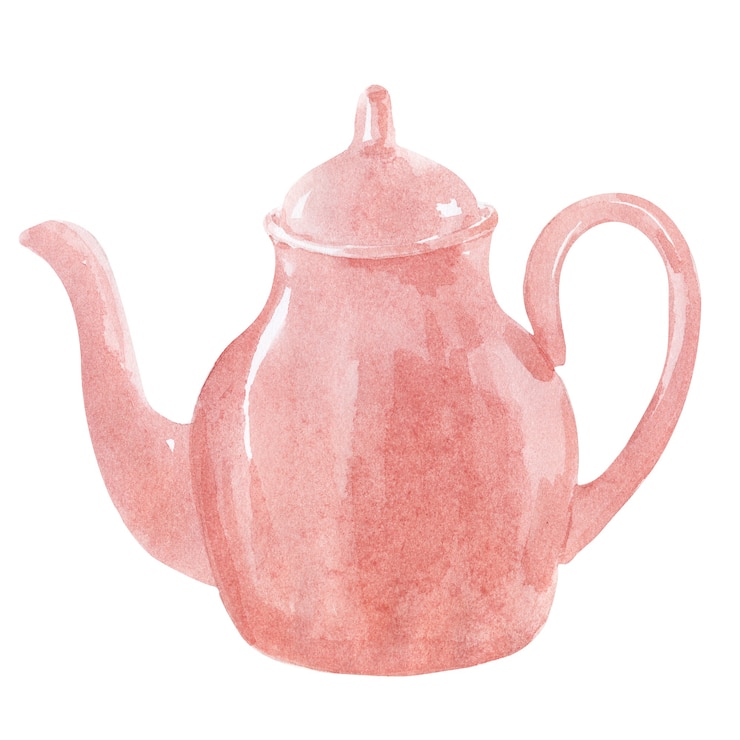 Photo watercolor illustration of colored porcelain and ceramic teapots