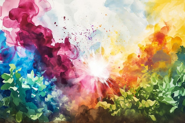 watercolor illustration of a colorful burst with a beautiful garden in the background