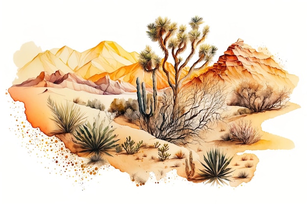 Photo watercolor illustration of a colorful desert with cacti