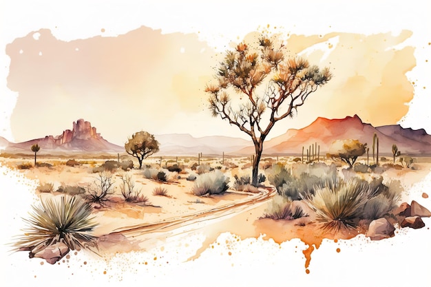 watercolor Illustration of a colorful desert with cacti