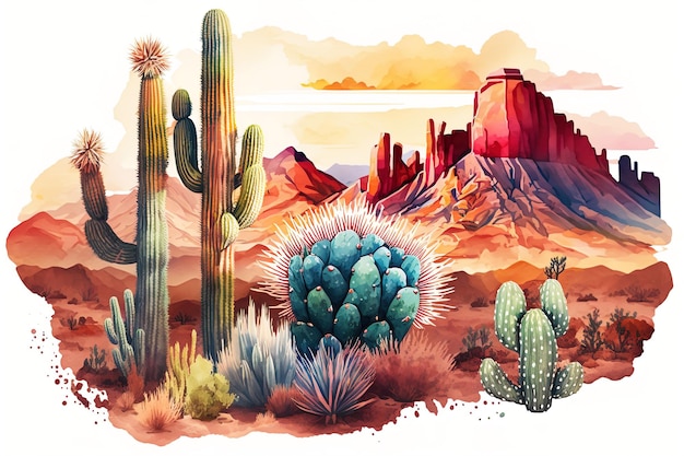 watercolor Illustration of a colorful desert with cacti