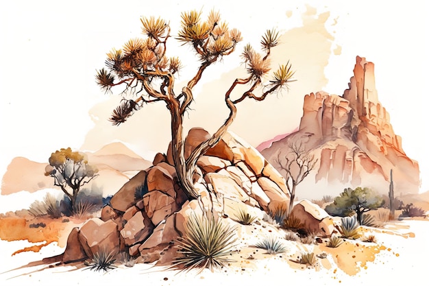 watercolor Illustration of a colorful desert with cacti