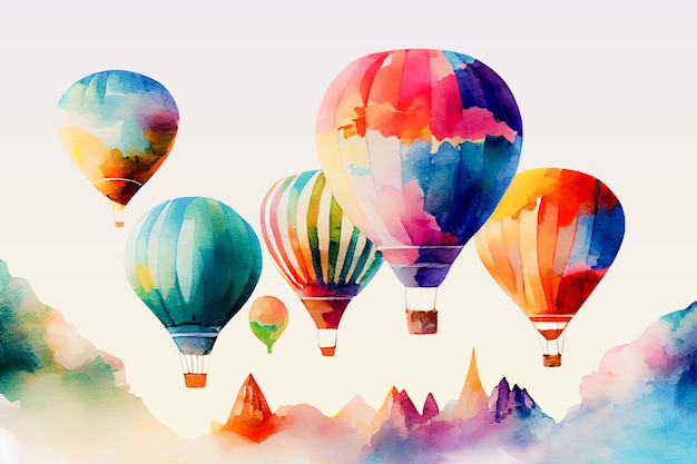 Watercolor illustration of colorful hot air balloons in the sky