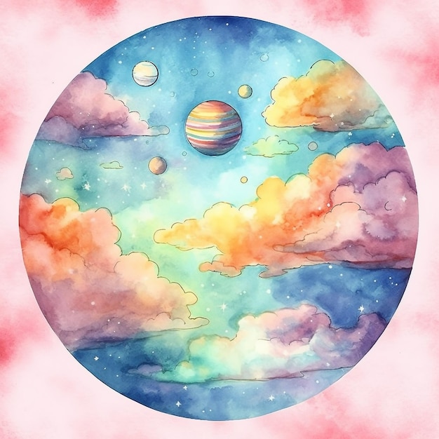 Watercolor illustration of a colorful sky with clouds and planets