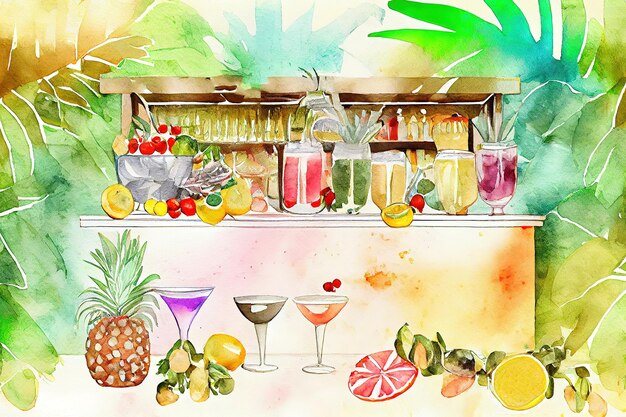 Watercolor illustration composition for the design and decoration of menus bars Generative Ai