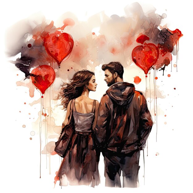 Watercolor illustration of a couple in love on a background of a heart