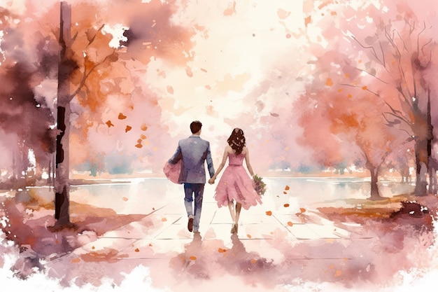 Watercolor illustration of couple walking hand on hand