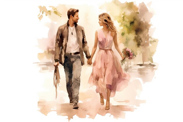 Watercolor illustration of couple walking hand on hand