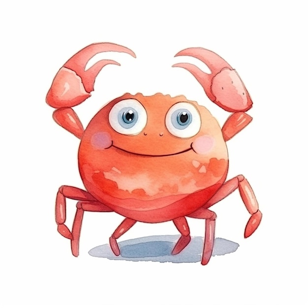 A watercolor illustration of a crab with a blue eyes and a red face.