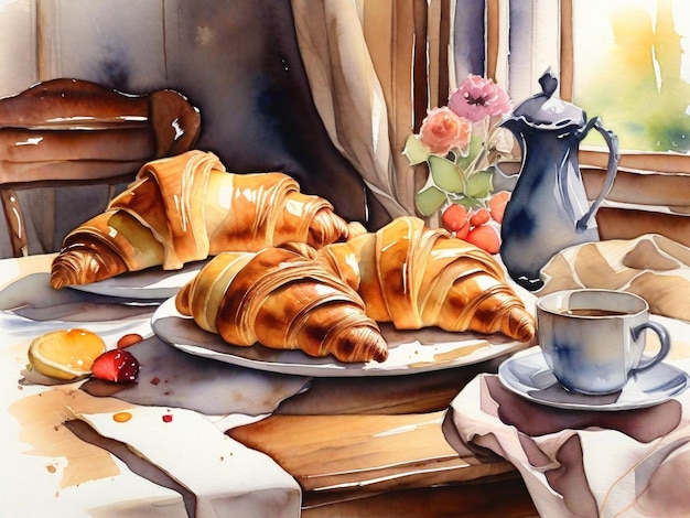 Photo watercolor illustration of croissants