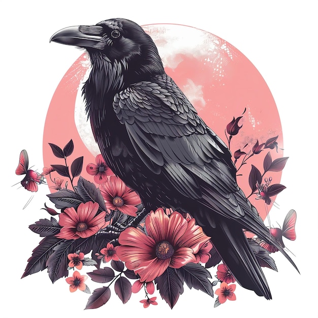 watercolor illustration of a crow with flowers and moon