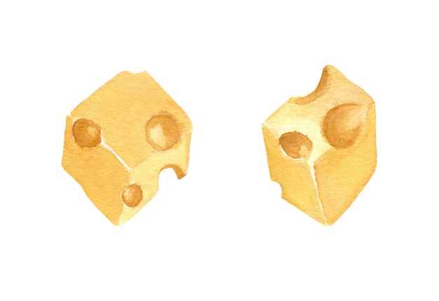 Watercolor illustration cubes or pieces of cheese