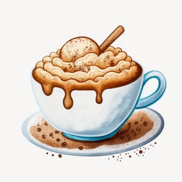 Акварельная иллюстрация чашки сахара с корицей с шариком ванильного мороженого сверху.
