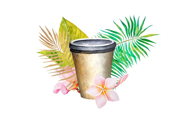 Watercolor illustration a cup of coffee tropical flowers palm tree branch on a white background