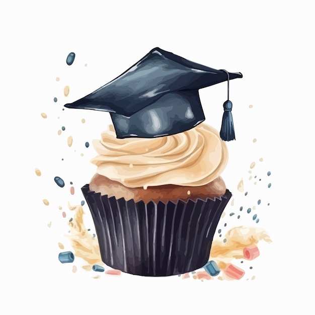 Photo watercolor illustration of a cupcake with a graduation cap on top