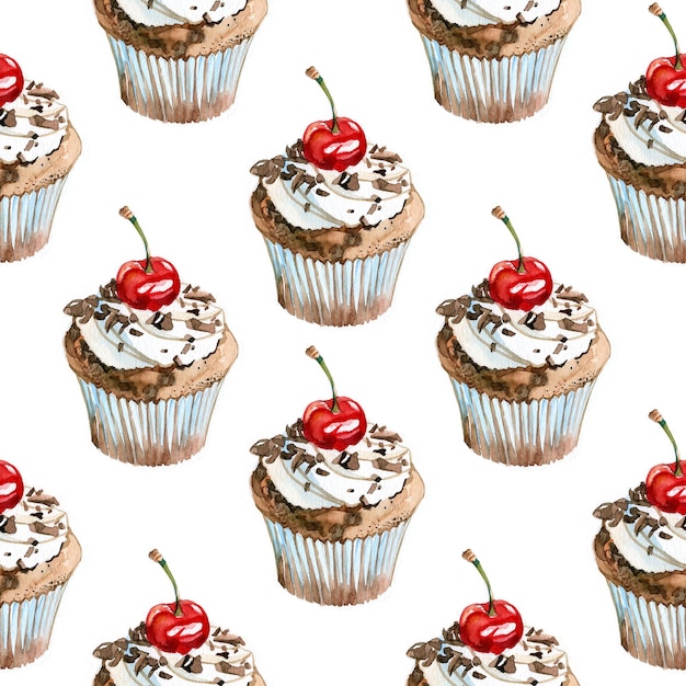 A watercolor illustration of cupcakes with cherry on top