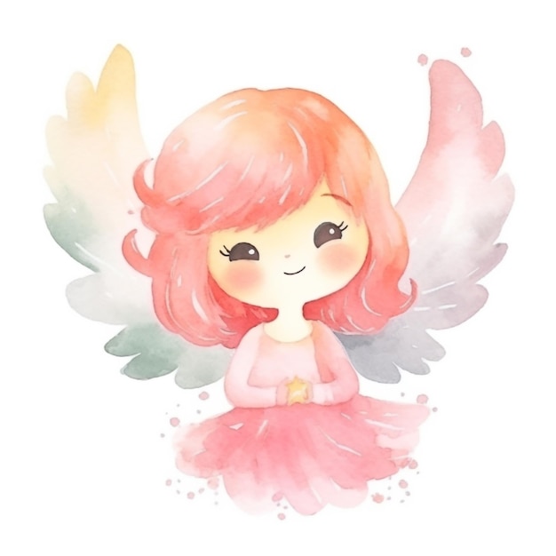 Watercolor illustration of a cute angel with pink wings.