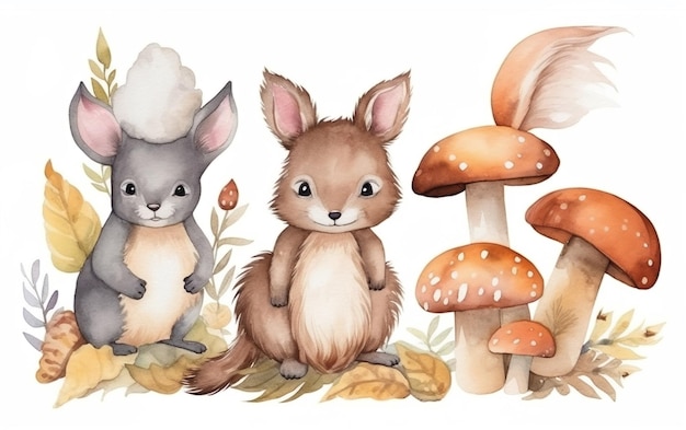 A watercolor illustration of a cute animals