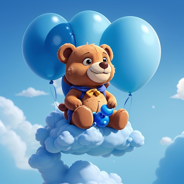 Foto illustrazione ad acquerello piccolo orsacchiotto e palloncini seduti su una nuvola