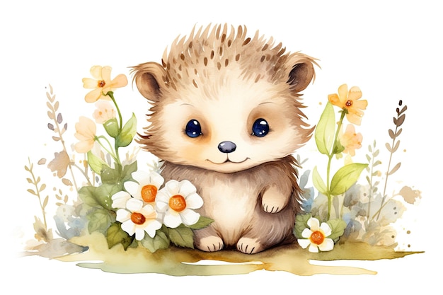 Photo watercolor illustration cute baby porcupine and spring flowers created with generative ai