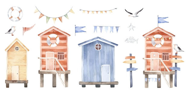 Watercolor illustration. cute beach huts cabins, flags,
seagulls lifebuoy. summer marine composition