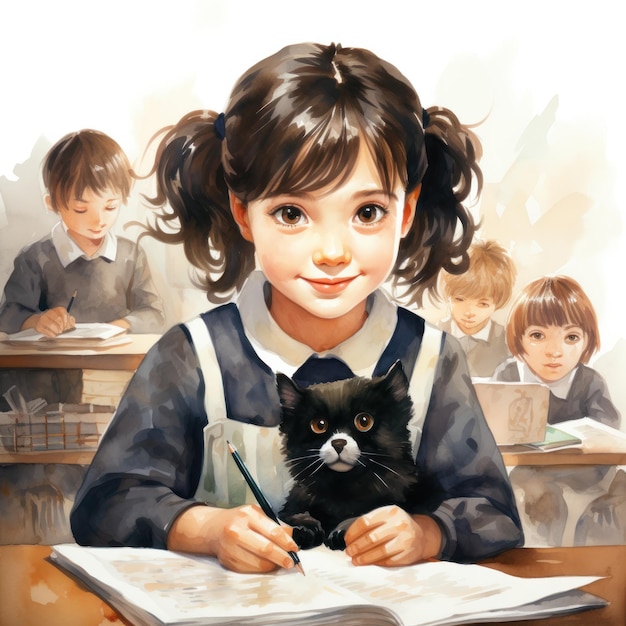 Watercolor illustration of a cute blackhaired girl in a school uniform sitting in a classroom