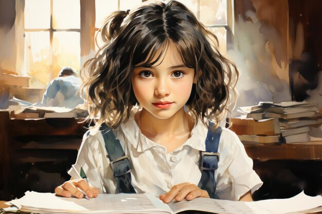 Watercolor illustration of a cute blackhaired girl in a school uniform sitting in a classroom