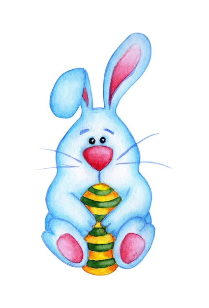 Watercolor illustration of a cute blue Easter bunny holding a painted egg. Hare and egg drawing for children. Easter, religion, tradition. Isolated on white background. Drawn by hand.