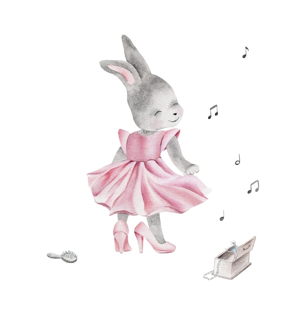 Watercolor illustration of cute bunnies in clothes Isolated. happy easter rabbit