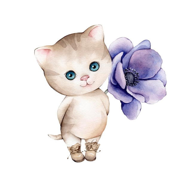 Watercolor illustration cute cat with purple anemones Kitten white background Hand drawn