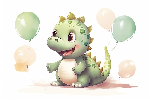 Watercolor illustration of cute dinosaur with colorful balloons Greeting birthday card poster banner for children White background post processed AI generated image