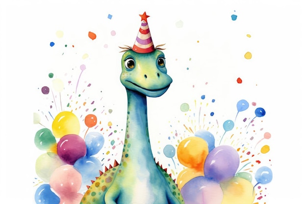 Photo watercolor illustration of cute dinosaur with colorful balloons greeting birthday cardfor children